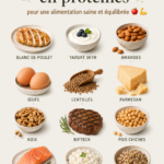 Assiette colorée avec plusieurs aliments riches en protéines pour une alimentation saine.