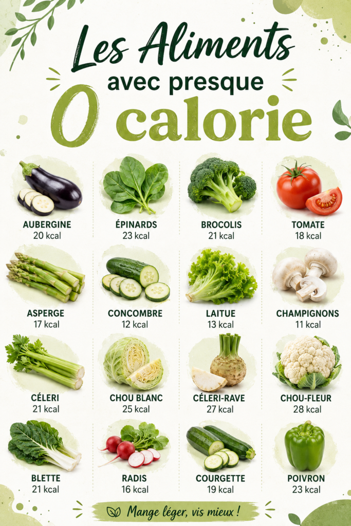 Assortiment d'aliments faibles en calories sur une table.