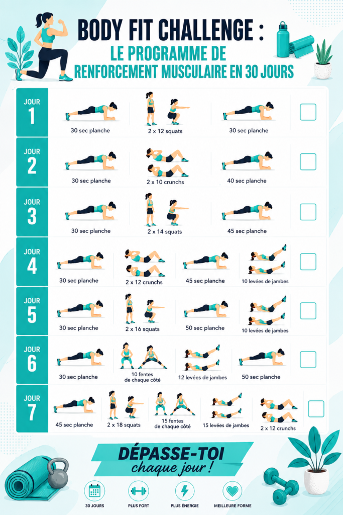 Femme réalisant des exercices de renforcement musculaire à la maison pendant le Body Fit Challenge.