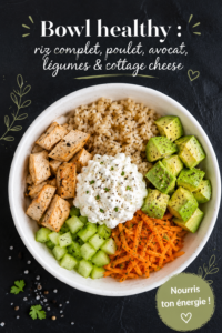 Bowl healthy avec riz complet, poulet grillé et légumes frais