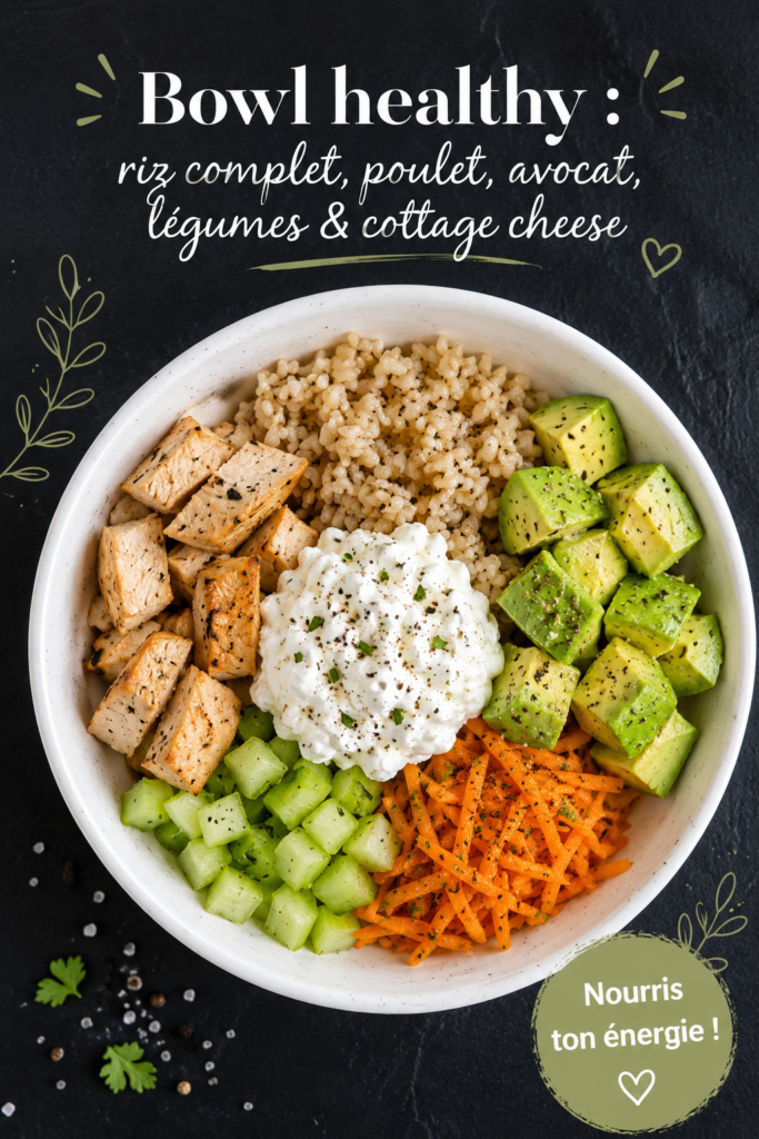 Bowl healthy avec riz complet, poulet grillé et légumes frais