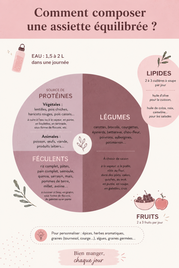 Assiette équilibrée avec légumes, protéines et féculents sur une table