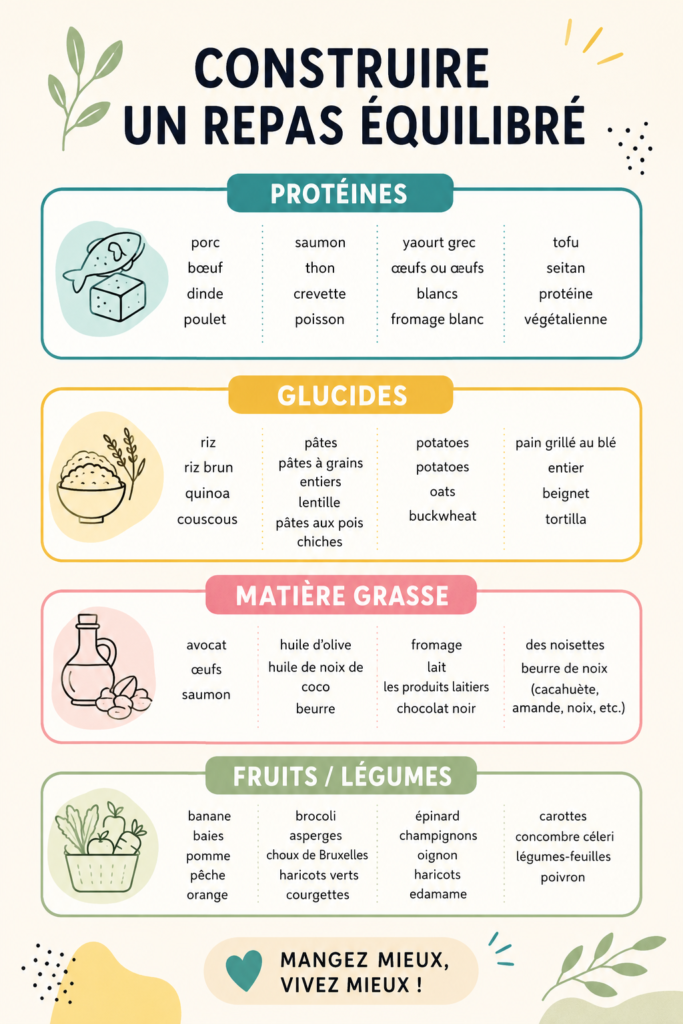 Une table garnie de plats équilibrés et colorés, représentant une alimentation saine.