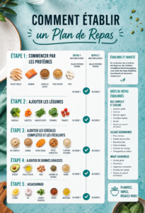Un tableau de plan de repas hebdomadaire avec des plats équilibrés.