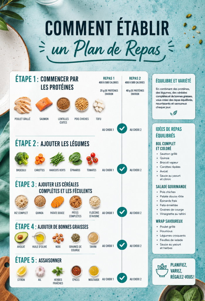 Un tableau de plan de repas hebdomadaire avec des plats équilibrés.