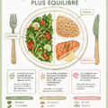 Graphiques illustrant des repas équilibrés et sains.