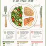 Graphiques illustrant des repas équilibrés et sains.