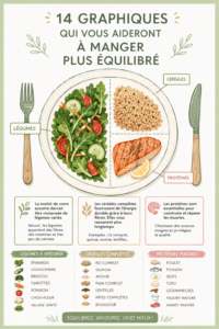 Graphiques illustrant des repas équilibrés et sains.