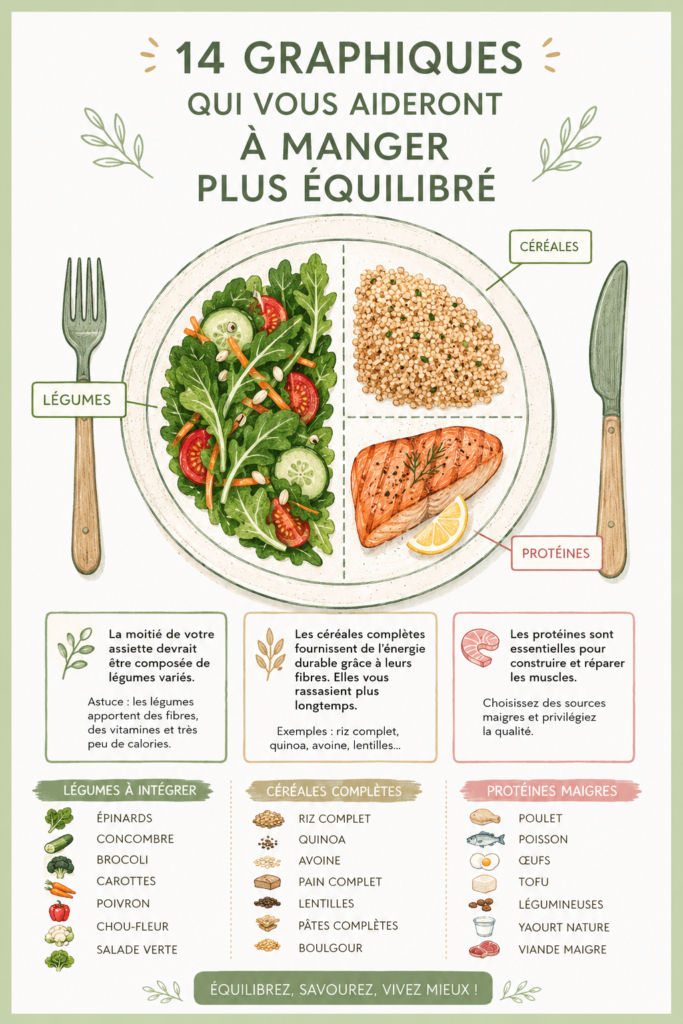 Graphiques illustrant des repas équilibrés et sains.