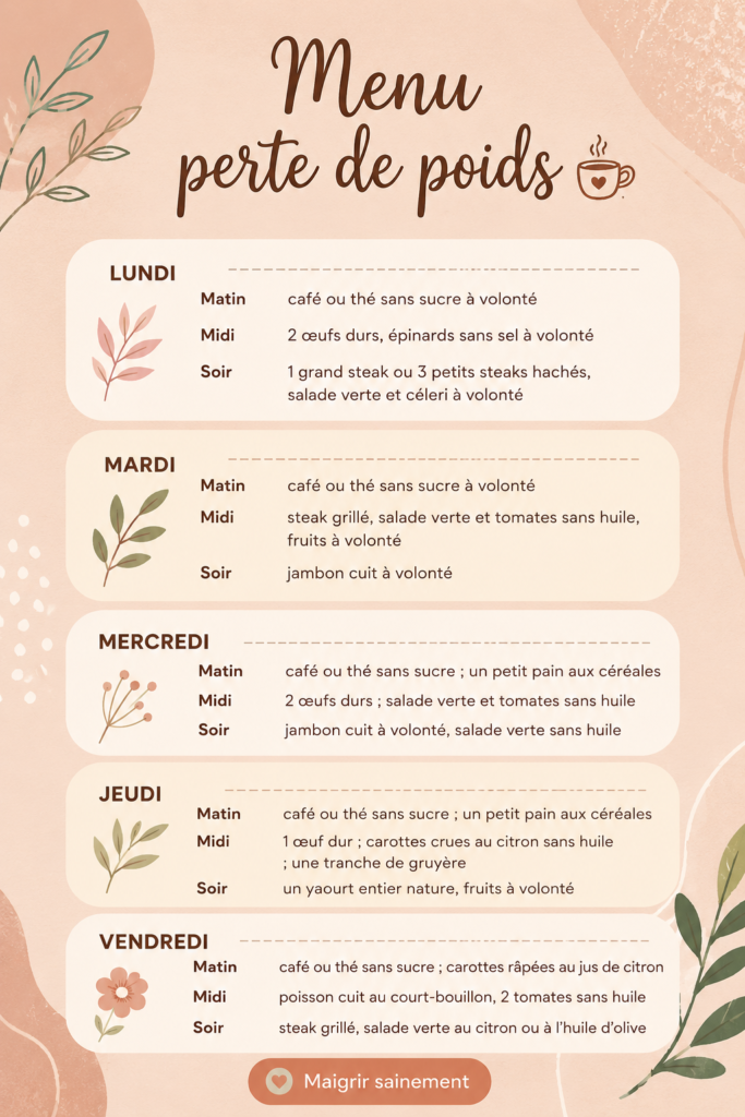 Menu de la semaine pour perdre du poids avec des recettes équilibrées et savoureuses.