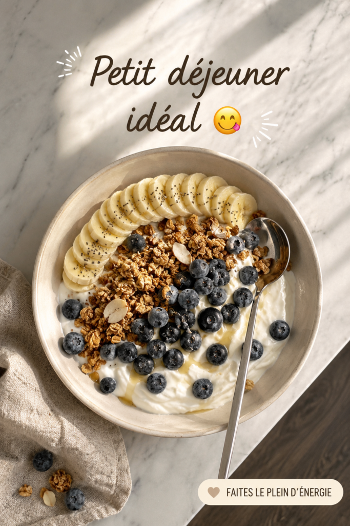 Un petit déjeuner équilibré avec fruits, yaourt et céréales dans une belle assiette.