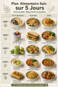 Plan de repas équilibré sur 5 jours pour perte de poids, affichant des plats sains et colorés