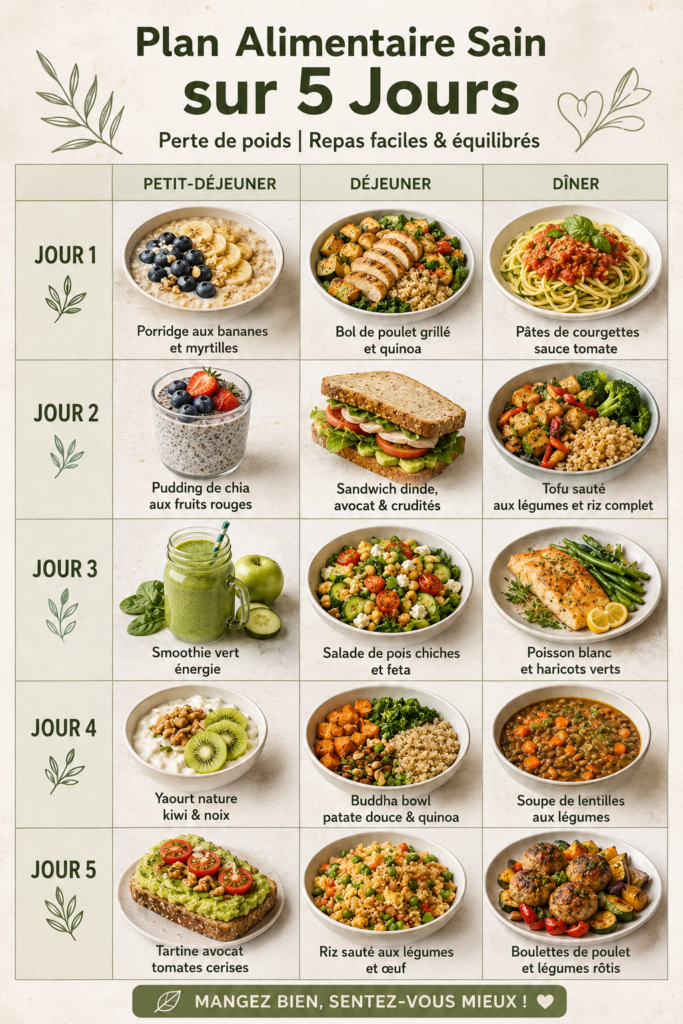 Plan de repas équilibré sur 5 jours pour perte de poids, affichant des plats sains et colorés