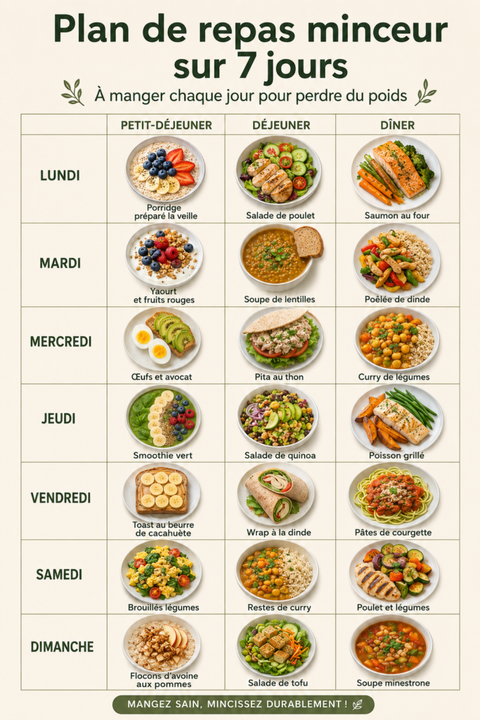 Plan de repas équilibré pour 7 jours pour aider à la perte de poids