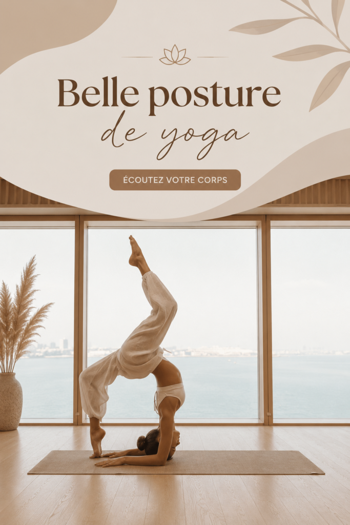 Femme pratiquant une posture de yoga en pleine nature, transmettant sérénité