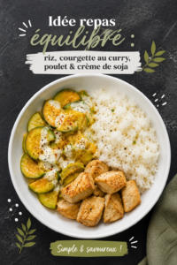 Photo d'un plat de riz, courgettes et poulet au curry, parfaitement présenté dans un bol.