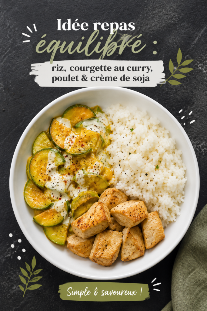 Photo d'un plat de riz, courgettes et poulet au curry, parfaitement présenté dans un bol.