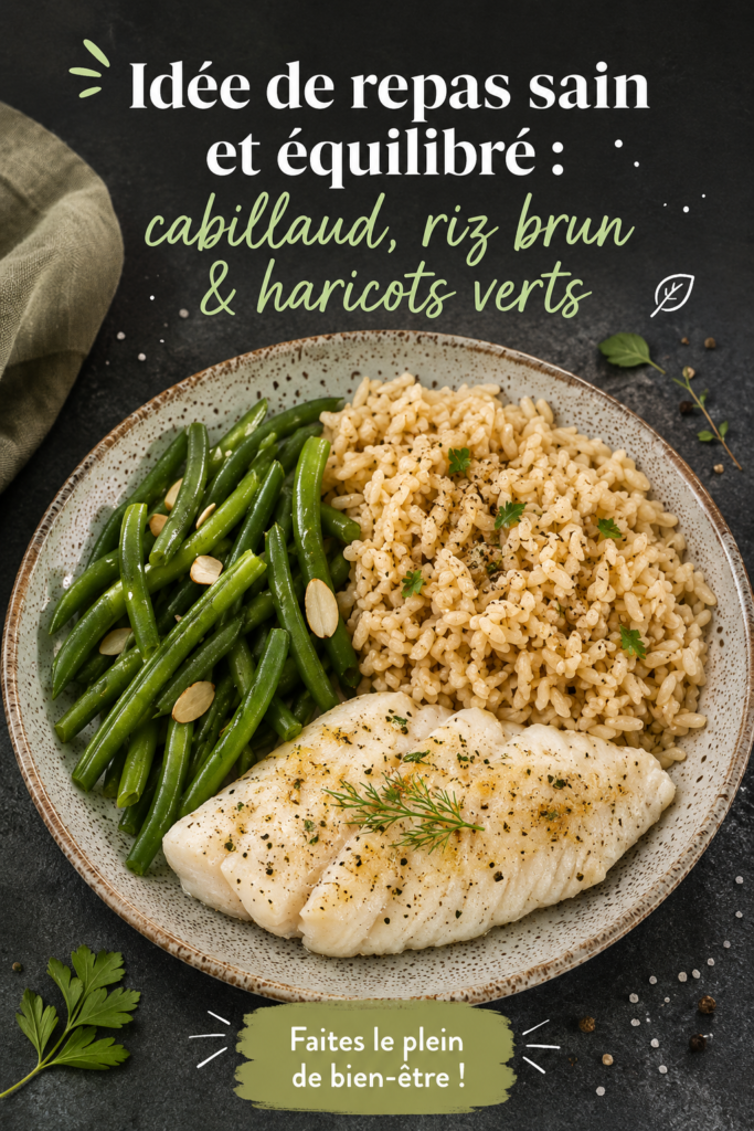 Assiette de cabillaud, riz brun et haricots verts, un repas équilibré et coloré.