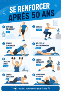 Femme de 50 ans pratiquant des exercices de renforcement musculaire à la maison.