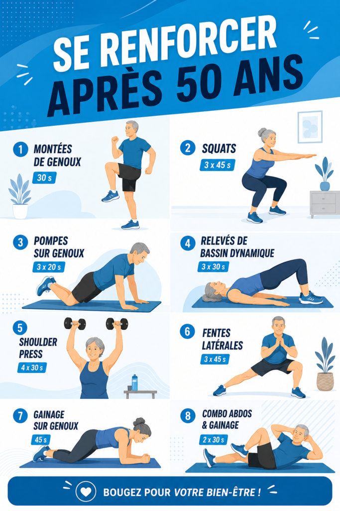 Femme de 50 ans pratiquant des exercices de renforcement musculaire à la maison.