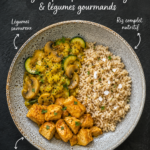Assiette de poulet au curry avec riz complet et légumes colorés