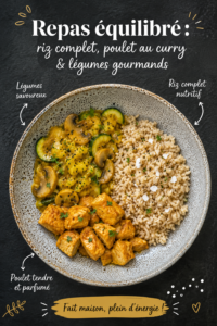Assiette de poulet au curry avec riz complet et légumes colorés