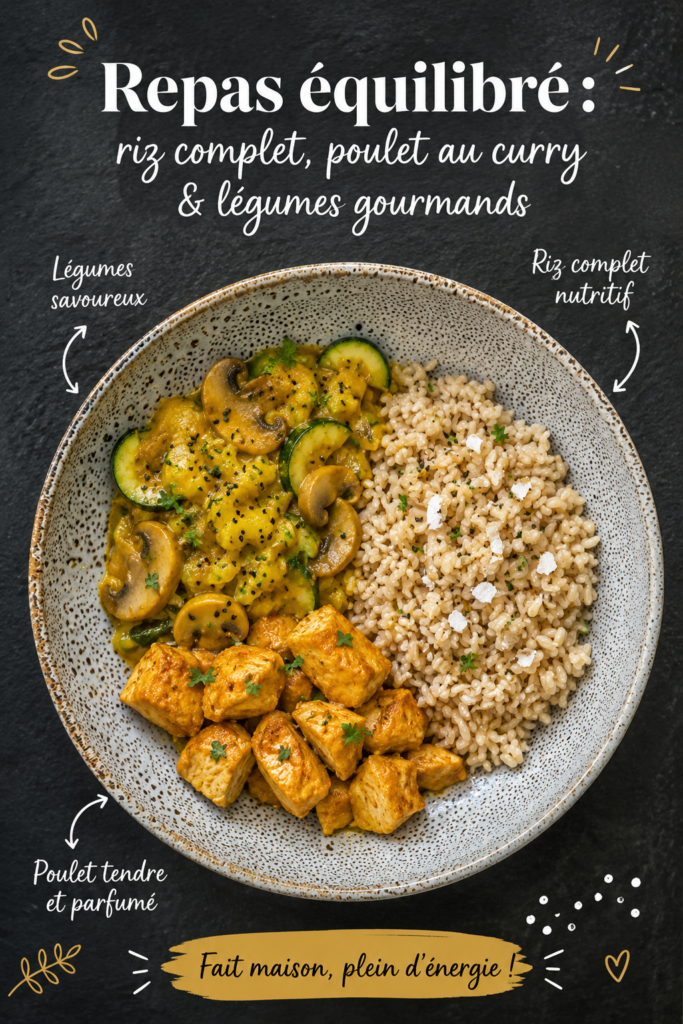 Assiette de poulet au curry avec riz complet et légumes colorés