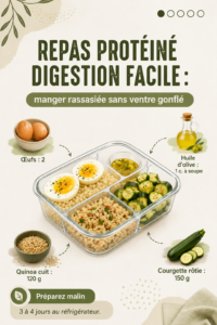 Assiette de plats protéinés variés favorisant une digestion légère.