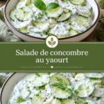 Salade de concombre au yaourt fraîche et colorée sur une table en bois