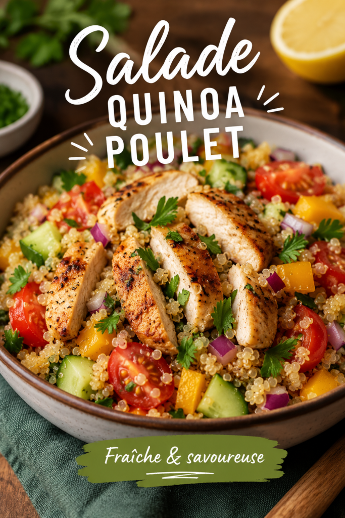 Salade de quinoa au poulet avec des légumes colorés dans un bol