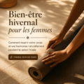 Femme heureuse dégustant un plat sain en hiver, représentant bien-être et nutrition