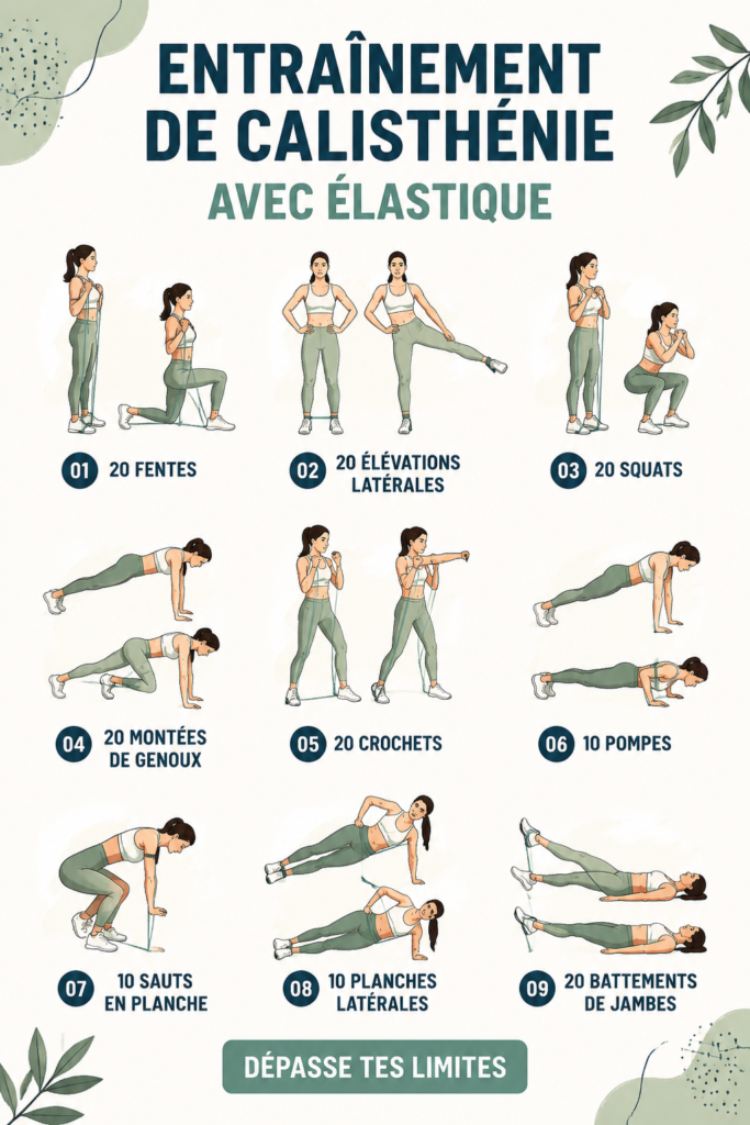 Femme faisant des exercices de callisthénie avec une bande de résistance dans un environnement de fitness chaleureux.