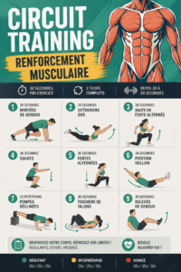 Femme en train de faire un exercice de circuit training à la maison, renforçant son corps et améliorant sa condition physique.