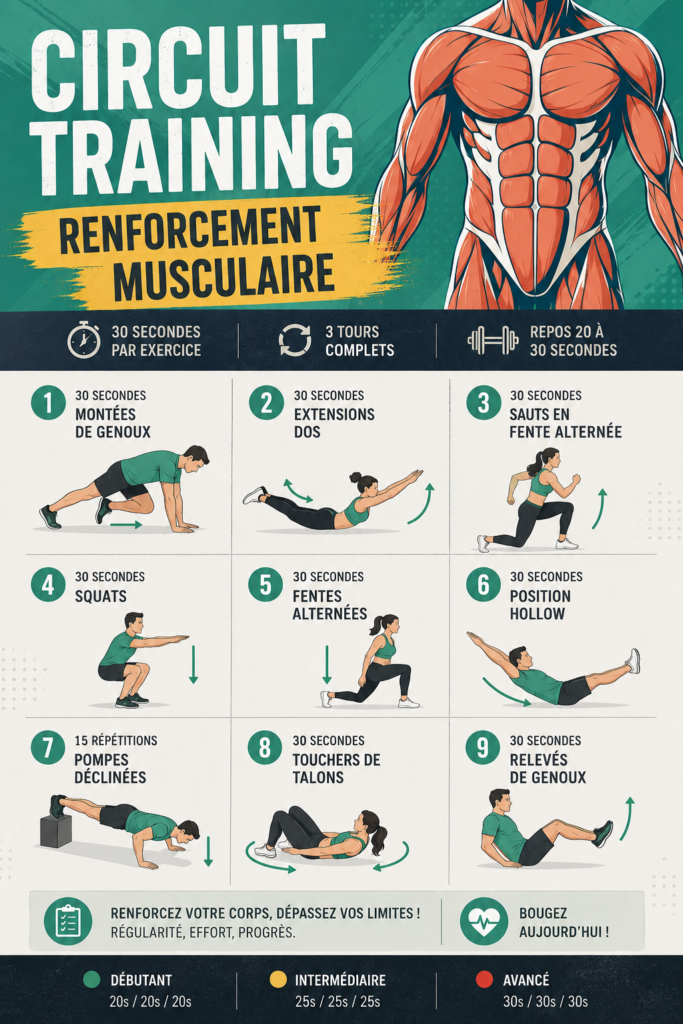 Femme en train de faire un exercice de circuit training à la maison, renforçant son corps et améliorant sa condition physique.