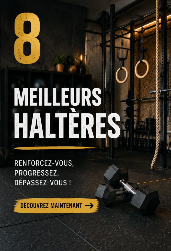 Femme en train de faire un entraînement CrossFit à domicile avec des haltères.