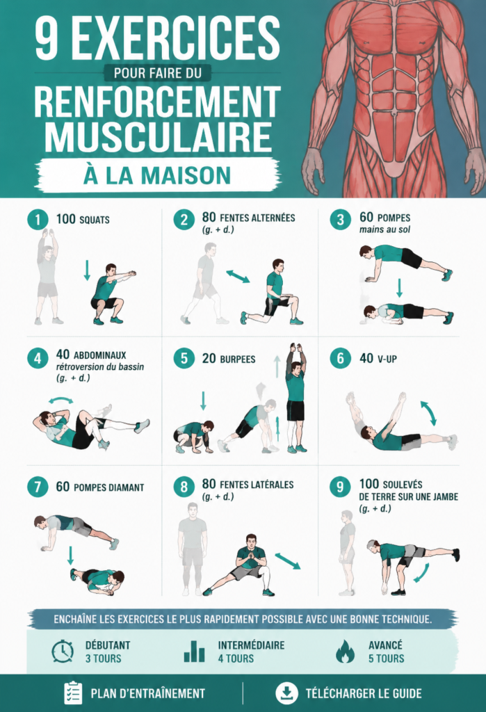 Femme réalisant des exercices de renforcement musculaire à la maison.