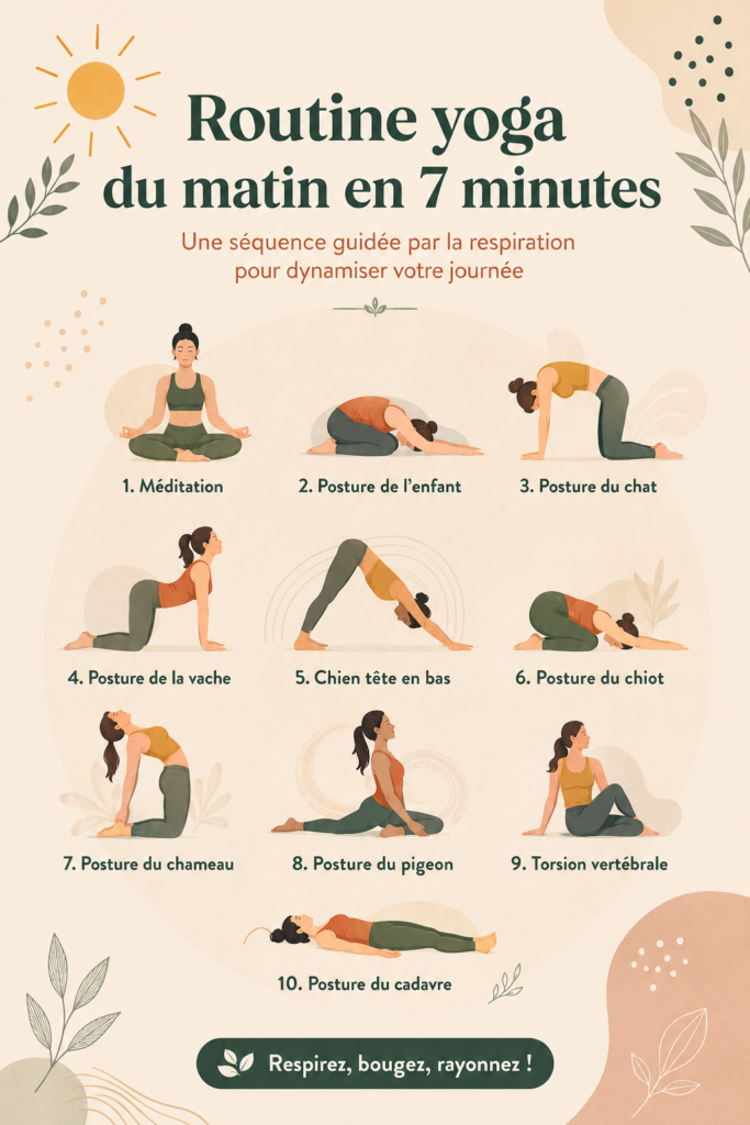 Femme pratiquant un flow de yoga matinal sur un tapis, souriante et détendue.