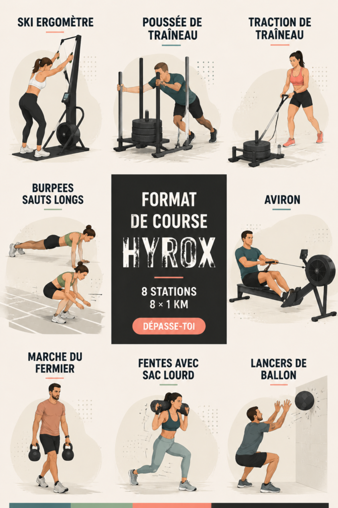 Femme en pleine course lors d'un événement Hyrox, illustrant le défi physique et l'esprit communautaire.
