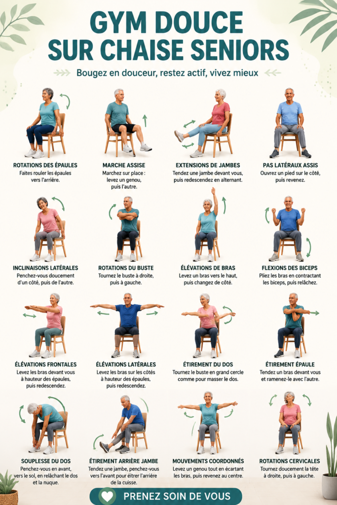 Personne âgée pratiquant la gym douce sur chaise dans un cadre confortable.