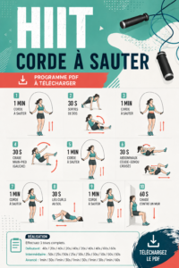 Femme en pleine séance de HIIT avec corde à sauter, souriante et dynamique