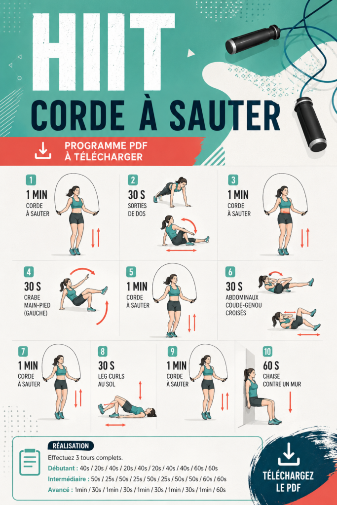 Femme en pleine séance de HIIT avec corde à sauter, souriante et dynamique