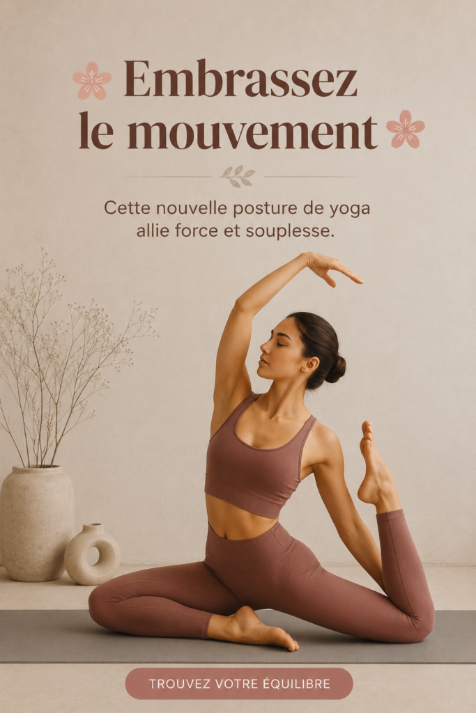Une femme pratiquant une nouvelle posture de yoga en pleine nature, symbolisant force et flexibilité.