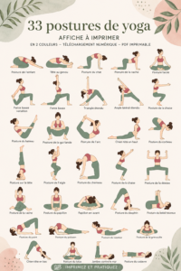 Poster imprimable avec 33 poses de yoga en deux couleurs, adapté pour les débutants et confirmés.