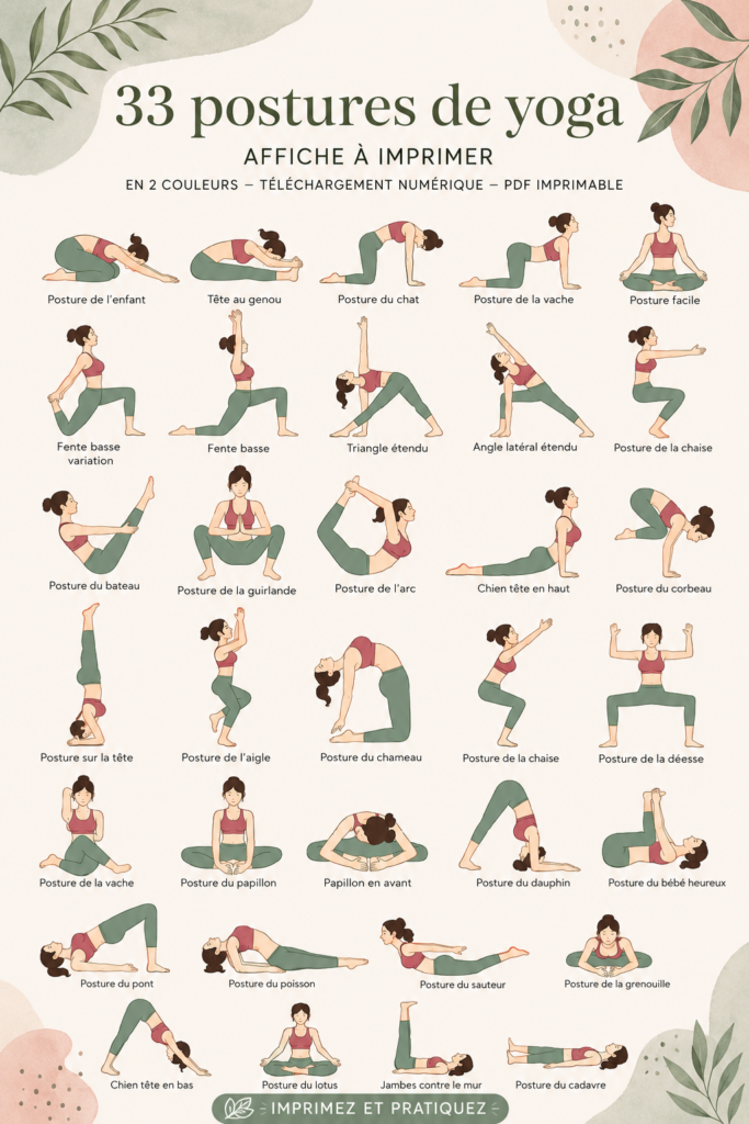 Poster imprimable avec 33 poses de yoga en deux couleurs, adapté pour les débutants et confirmés.