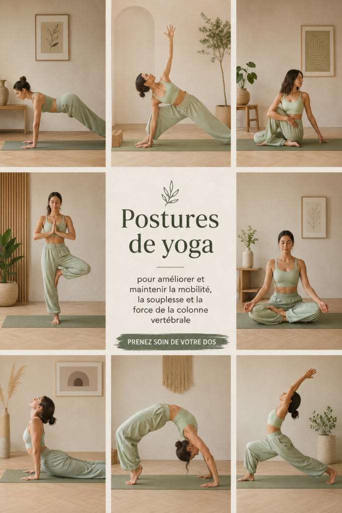 Femme pratiquant une posture de yoga renforçant la colonne vertébrale dans un cadre serein.