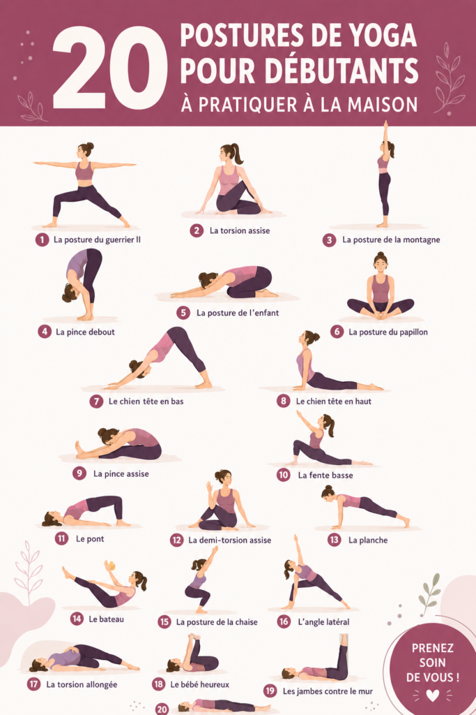 Femme pratiquant le yoga dans un salon paisible, montrant une posture de yoga pour débutants.