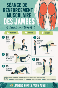 Femme faisant des exercices de renforcement musculaire des jambes sans matériel dans son salon