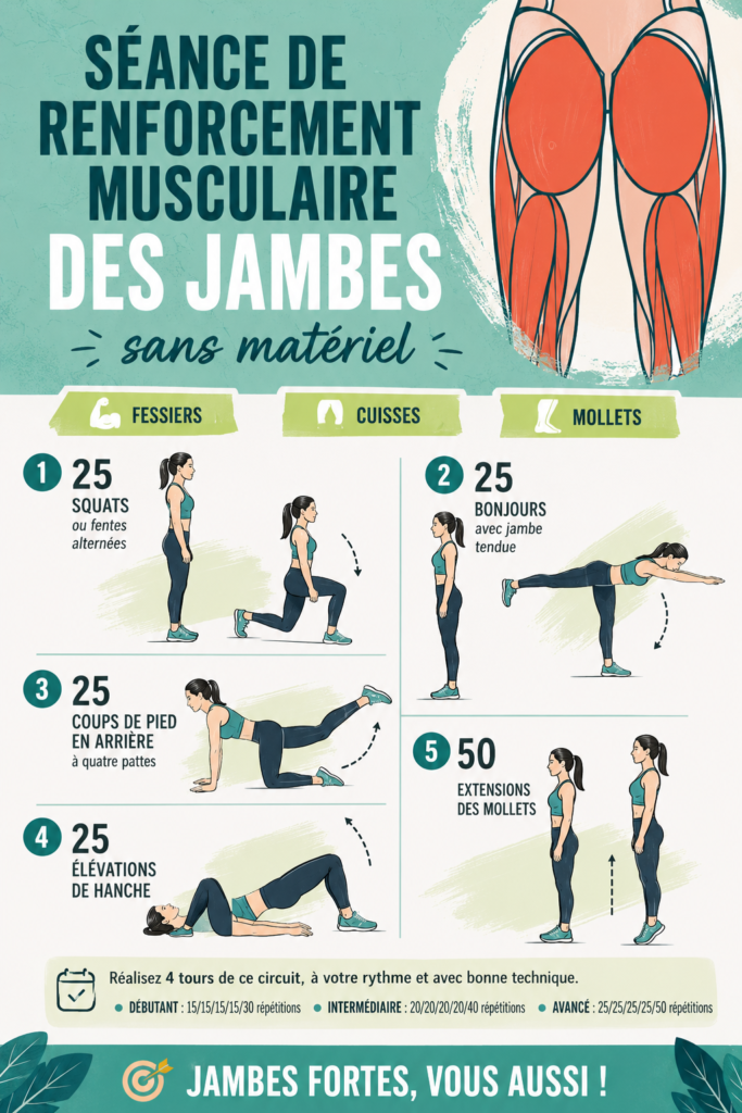 Femme faisant des exercices de renforcement musculaire des jambes sans matériel dans son salon