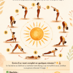 Femme pratiquant la salutation au soleil dans un cadre naturel, symbolisant l'énergie et le bien-être.