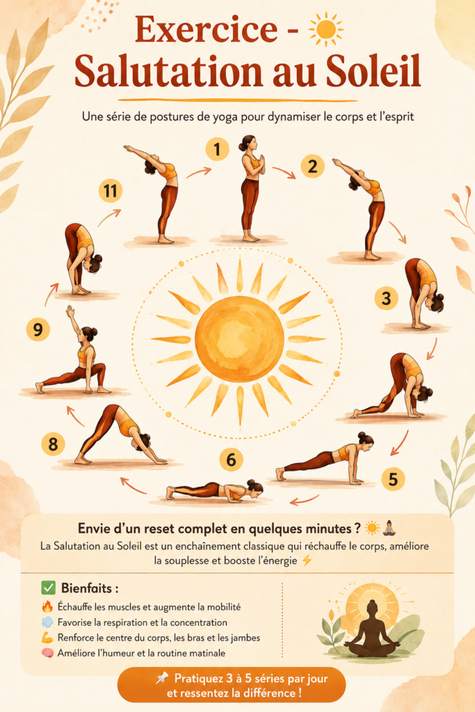 Femme pratiquant la salutation au soleil dans un cadre naturel, symbolisant l'énergie et le bien-être.